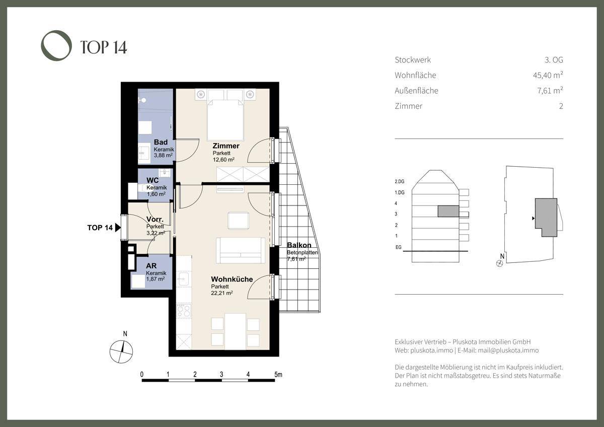 Grundriss der Wohnung TOP 14 mit Wohnküche, Schlafzimmer, Bad, WC und Balkon.