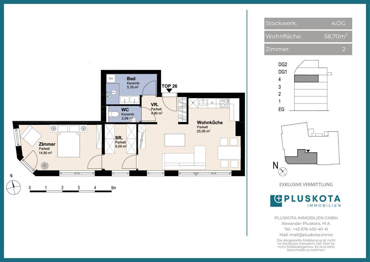 Grundriss einer 58,70 m² großen Wohnung mit Wohnküche, Schlafzimmer und Bad.