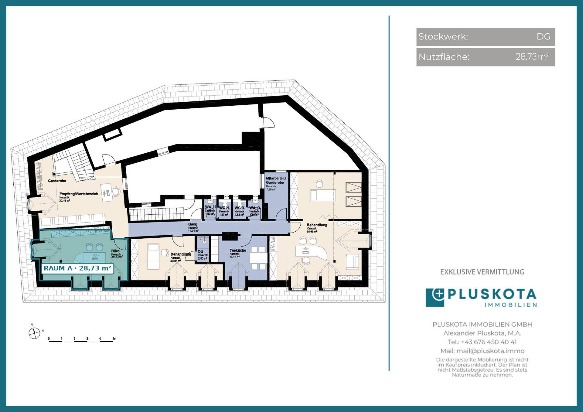 Grundriss des Dachgeschosses mit mehreren Räumen, Bädern und Treppen, Gesamtfläche 28,73 m².