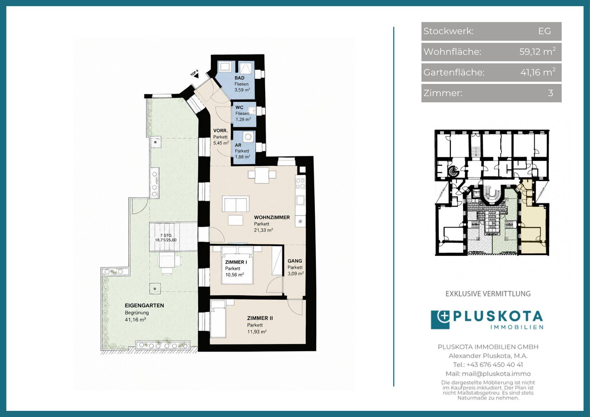 Grundriss einer Erdgeschosswohnung mit drei Zimmern, Garten und einer Wohnfläche von 59,12 m².