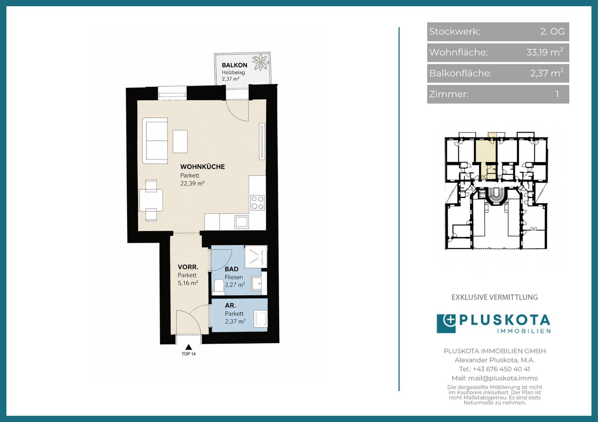 Grundriss einer Wohnung mit Wohnküche, Bad, Abstellraum und Balkon.