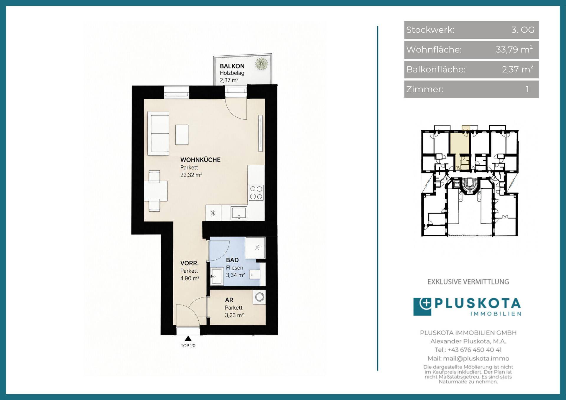 Grundriss einer Wohnung mit Wohnküche, Bad, Vorraum und Balkon.