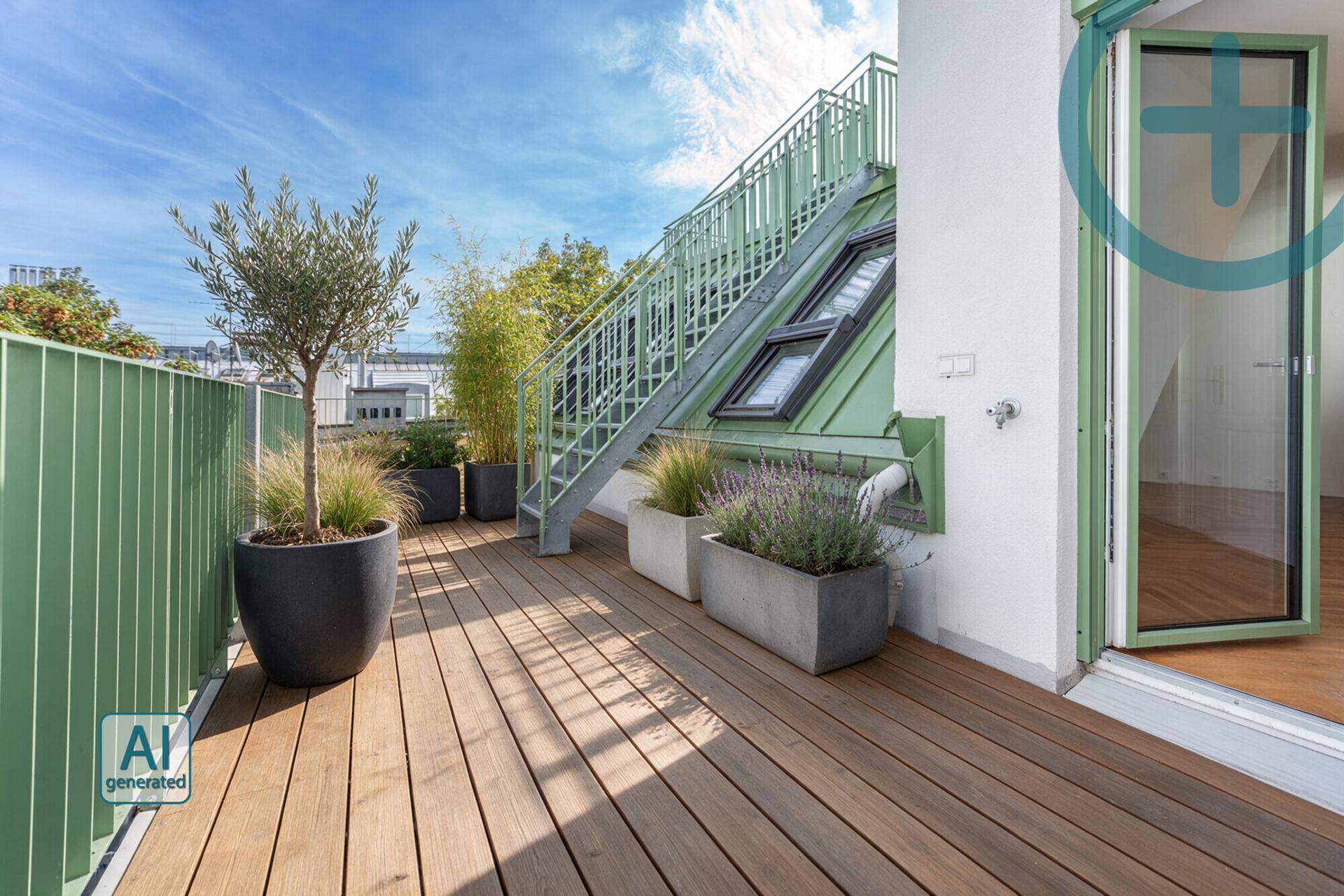 Attraktive Dachterrasse mit Holzbelag, Pflanzen und einer Treppe zu einer weiteren Ebene.