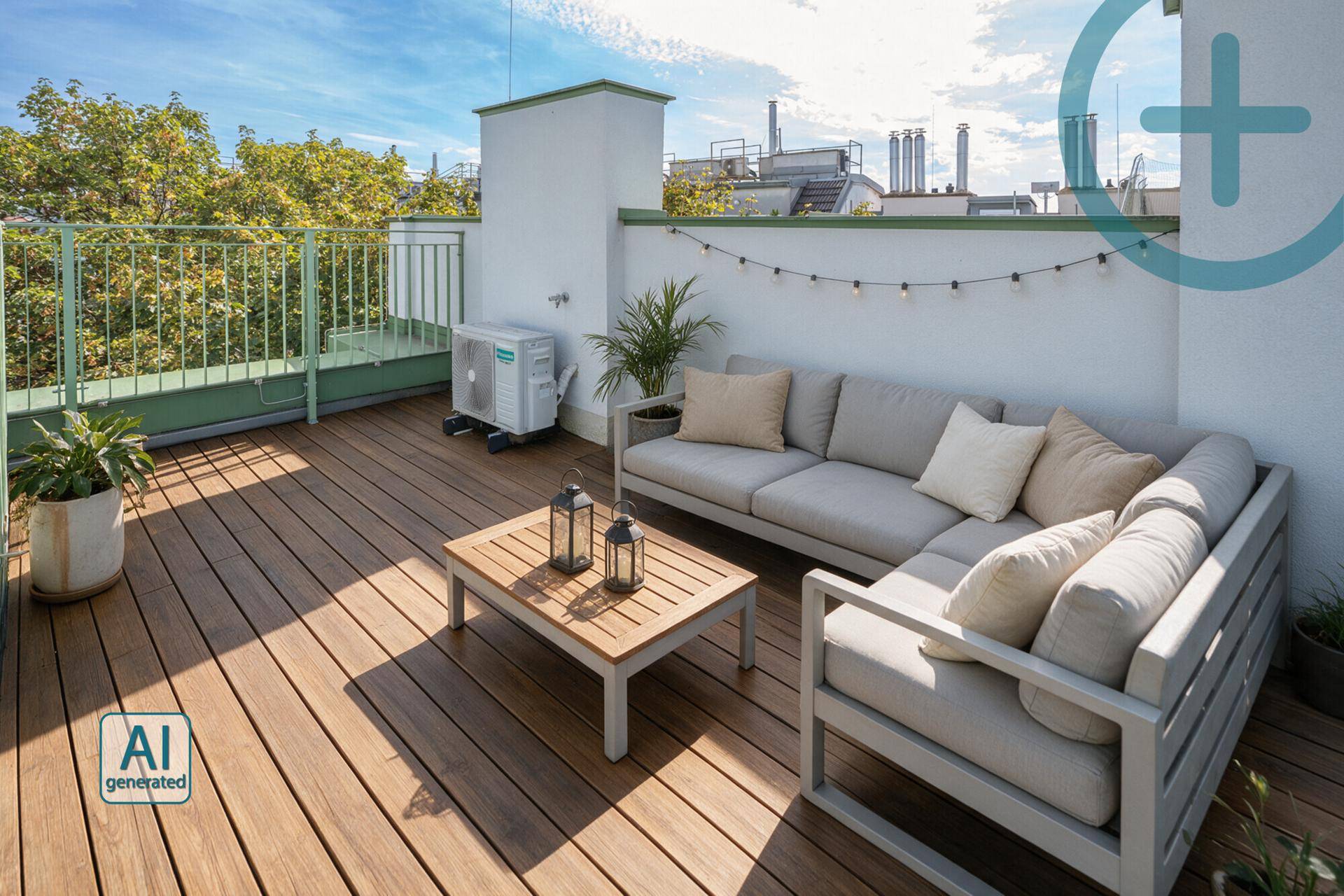 Gemütliche Dachterrasse mit bequemen Outdoor-Möbeln, Holzbelag und stimmungsvoller Beleuchtung.