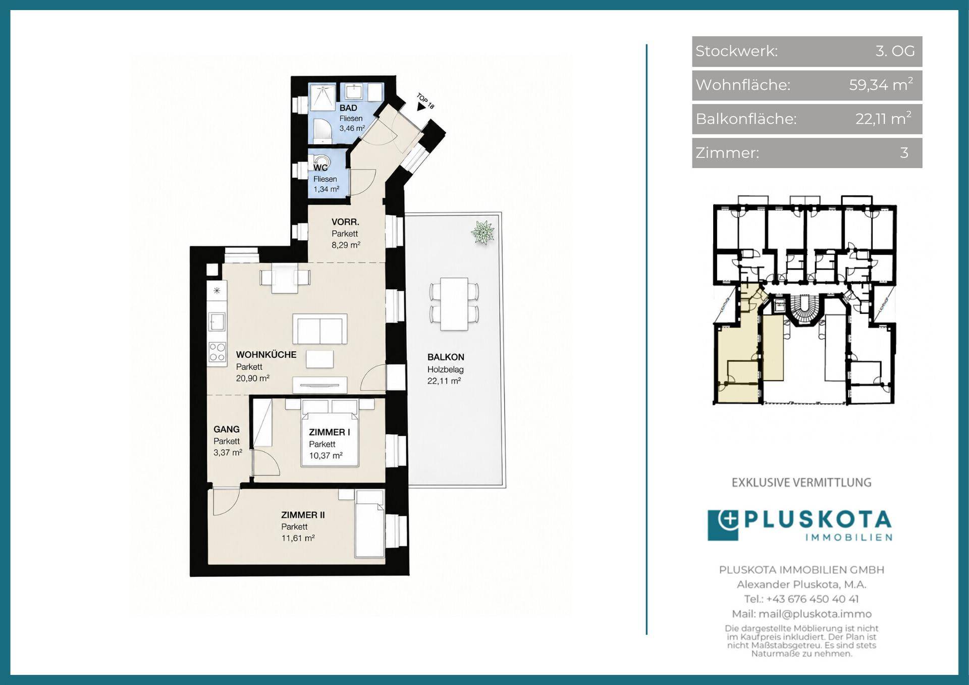 Grundriss einer Wohnung im 3. Obergeschoss mit 59,34 m² Wohnfläche und Balkon.
