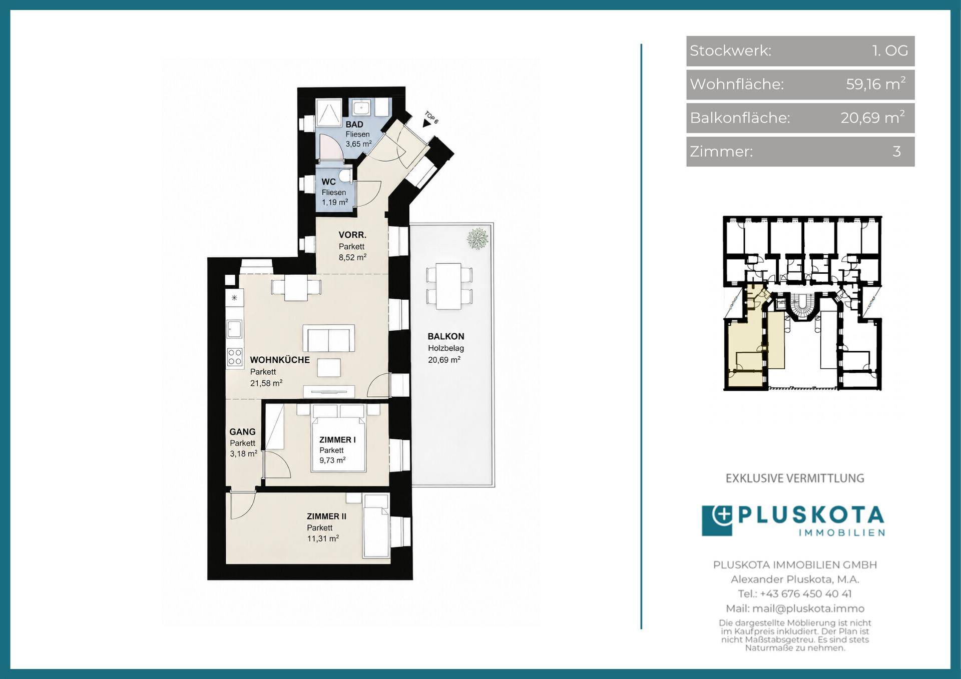 Detaillierter Grundriss der Wohnung im ersten Obergeschoss mit Wohn-, Schlafzimmern und Balkon.