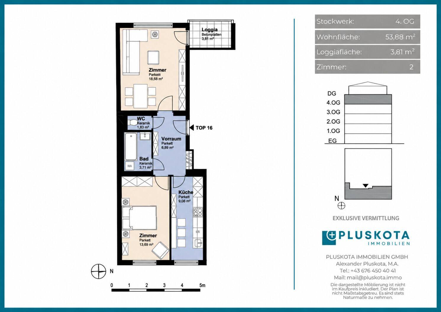 Grundriss einer Zweizimmerwohnung mit Loggia, separater Küche und Bad.