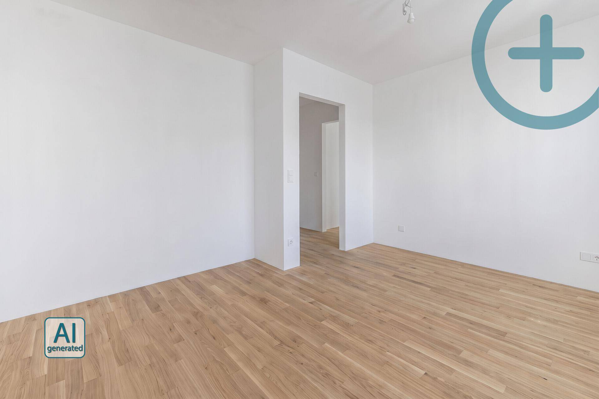 Heller, leerer Raum mit Parkettboden und einem offenen Durchgang zu einem weiteren Zimmer.