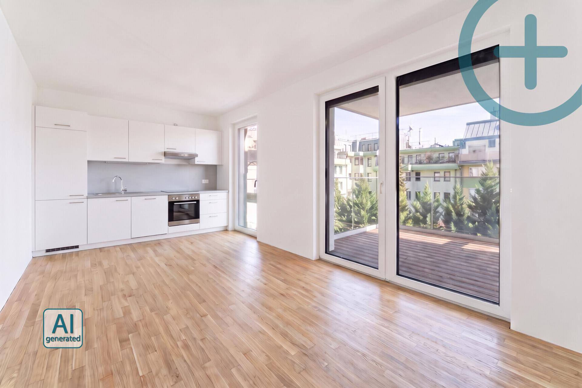 Heller offener Wohnbereich mit integrierter weißer Küche, Parkettboden und Zugang zum Balkon.