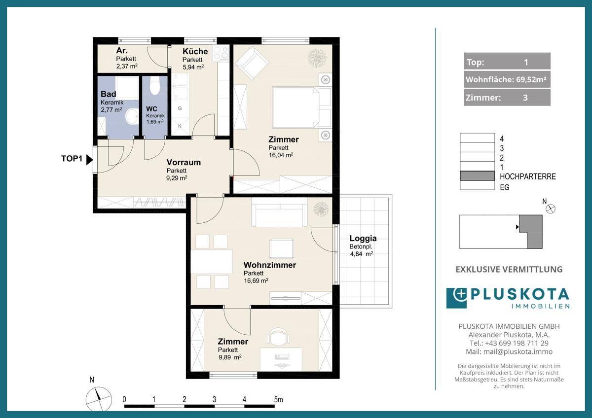 Grundriss der Wohnung Top 1 mit drei Zimmern, Loggia und 69,52 m² Wohnfläche.