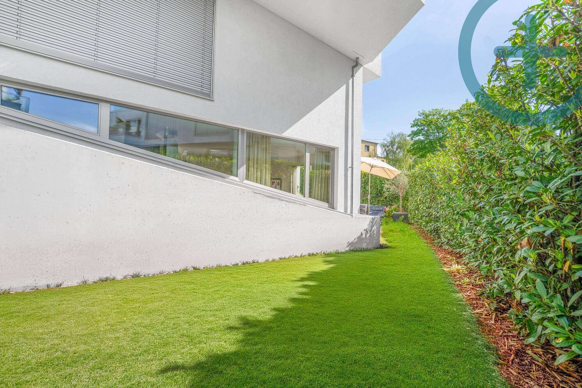 Gepflegter Rasenbereich entlang der modernen Hausfassade mit großen Fenstern und Hecke.
