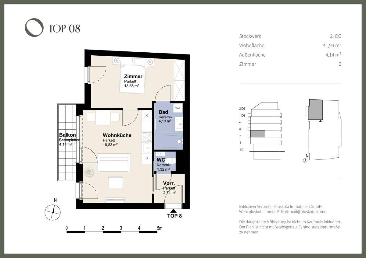 Grundriss der Wohnung TOP 08 mit einem Schlafzimmer, Wohnküche und Balkon auf 41,94 m².