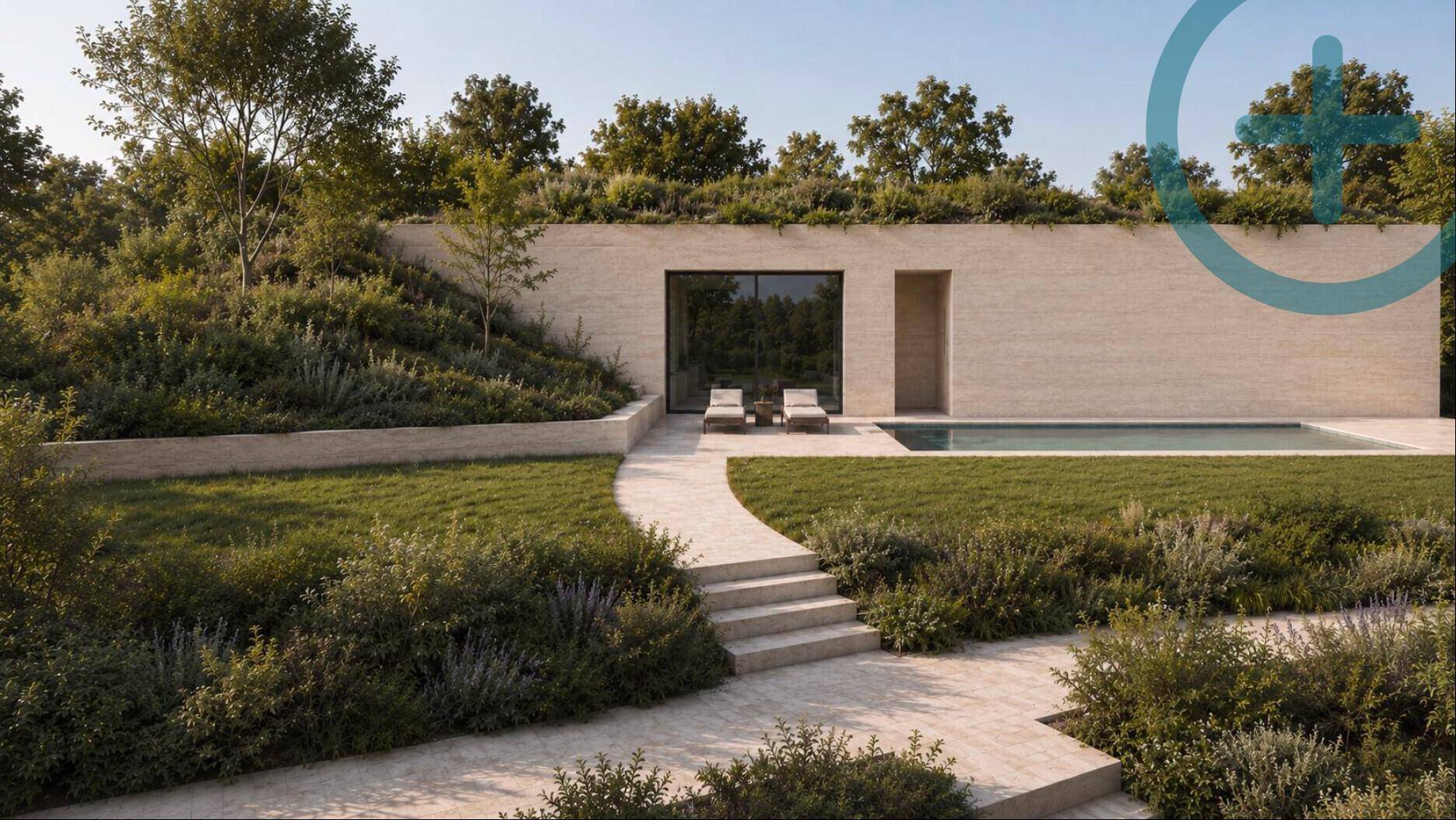 Modernes Gebäude mit Gründach, kleinem Pool und einer weitläufigen, terrassierten Gartenlandschaft.