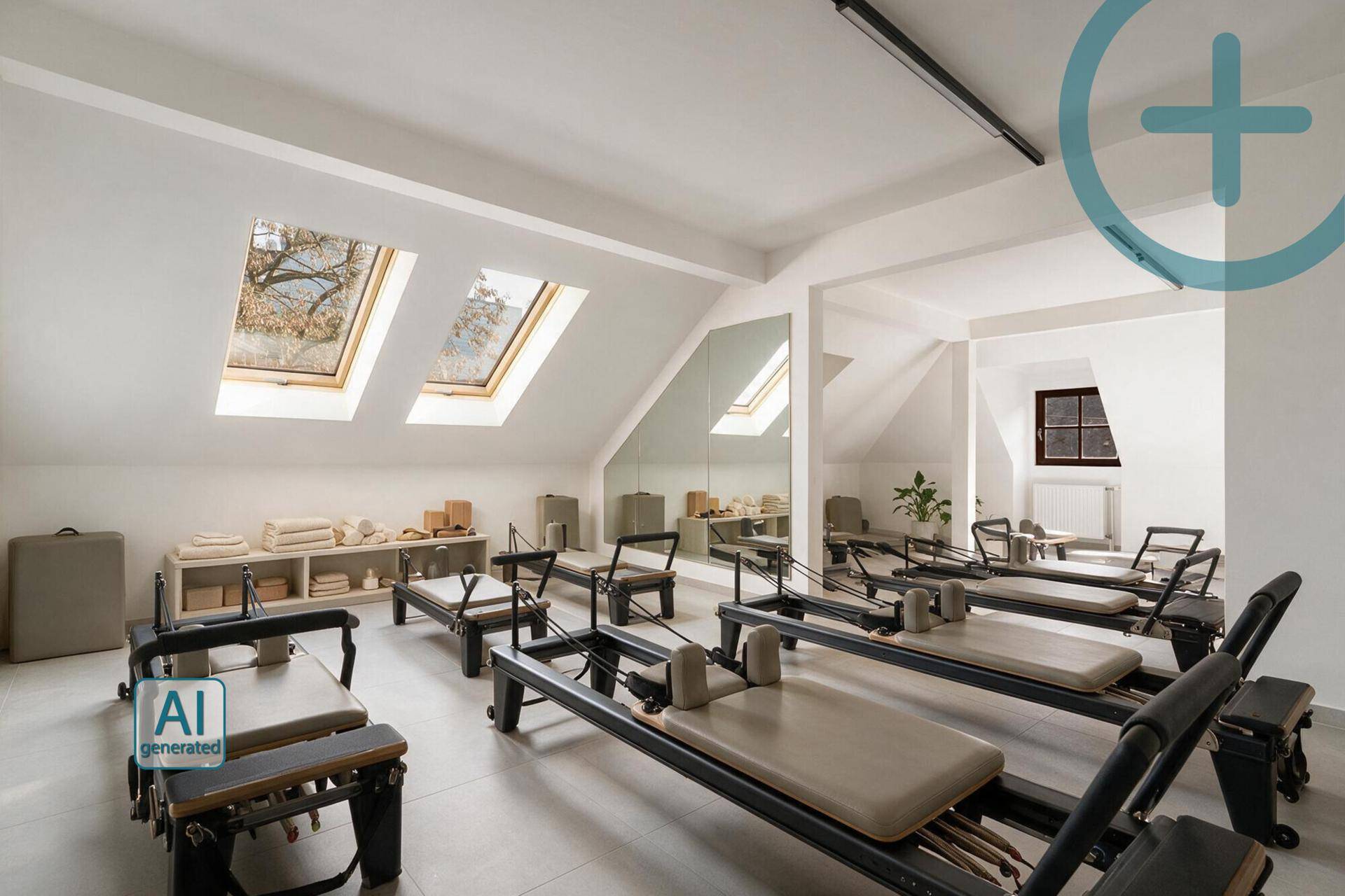 Heller Trainingsraum für Pilates mit Reformern, Dachfenstern und minimalistischem Design, ideal für Kurse.