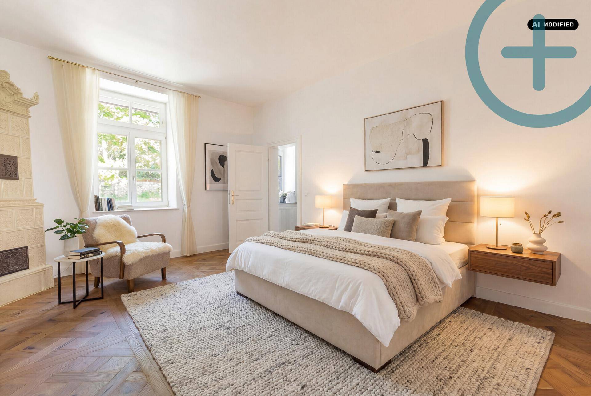 Helles Schlafzimmer mit Doppelbett, Parkettboden, hohen Decken und einem traditionellen Kachelofen.