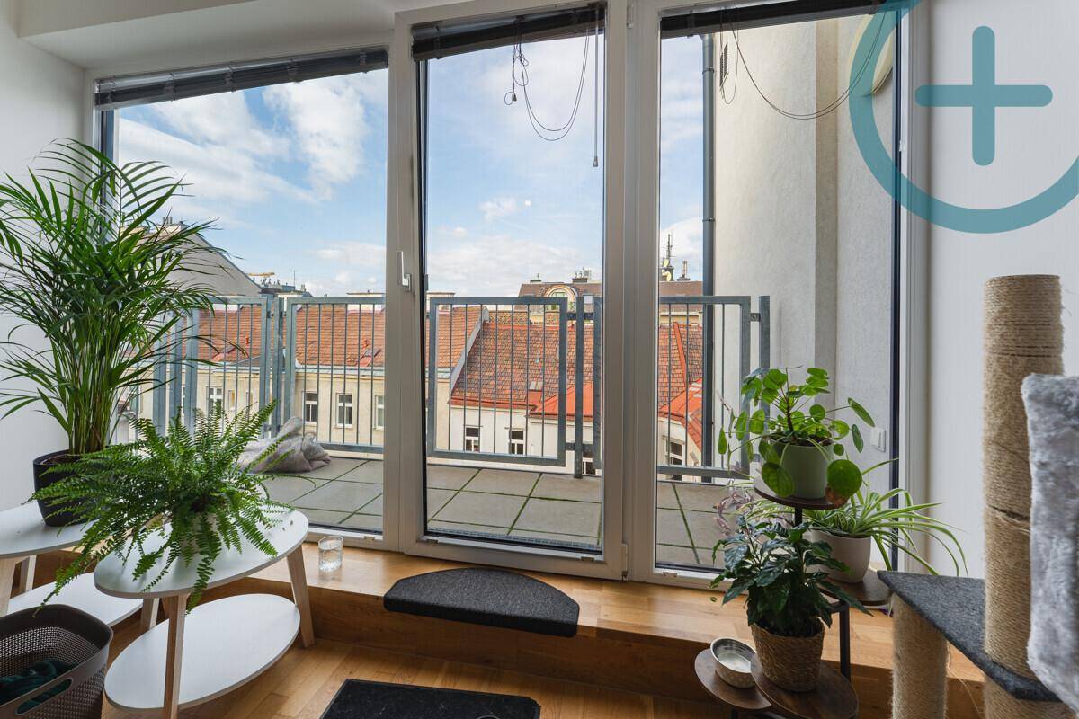 Heller Wohnbereich mit großen Fenstern und Blick auf die umliegenden Dächer und eine Terrasse.
