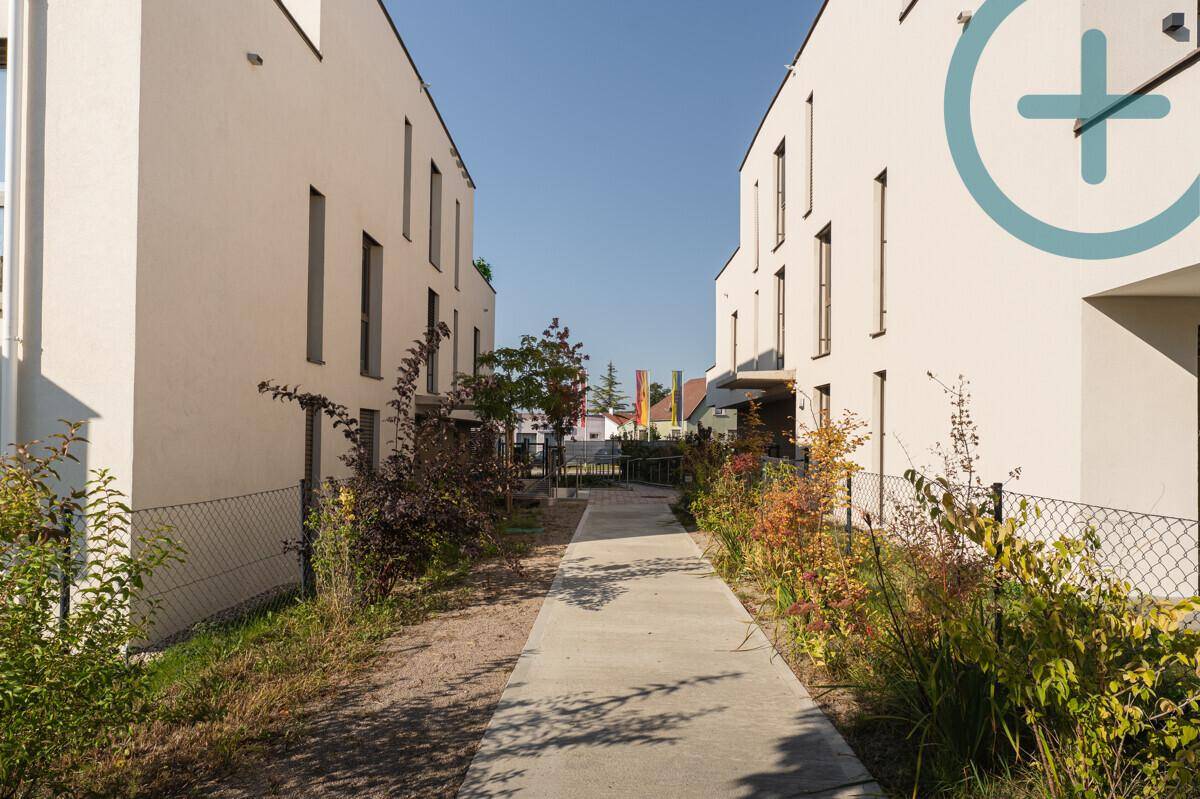 Fußweg zwischen modernen Reihenhäusern mit grüner Bepflanzung und klarem Himmel.