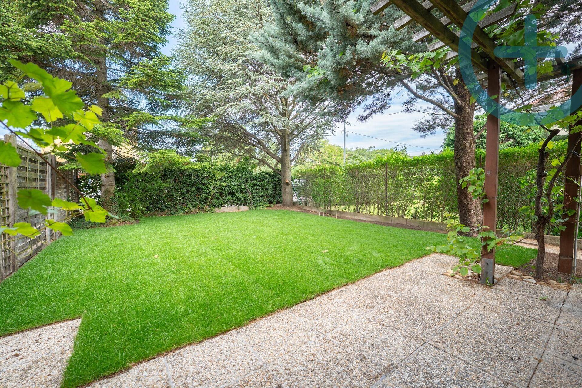 Ruhiger Gartenbereich mit Rasenfläche, Bäumen und einer Pergola.