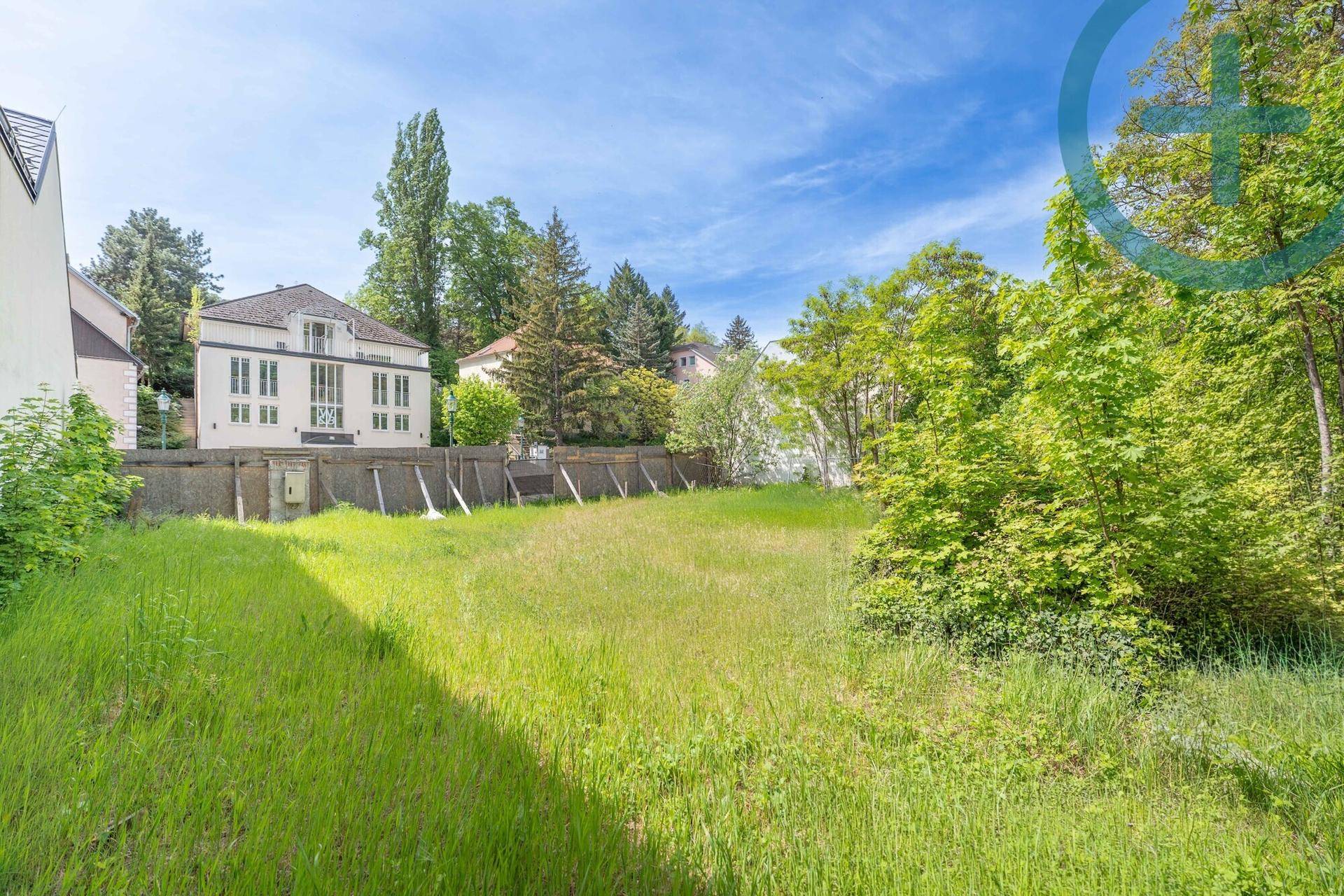 Weitläufiges Grundstück mit hohem Gras und Blick auf ein Wohnhaus im Hintergrund.