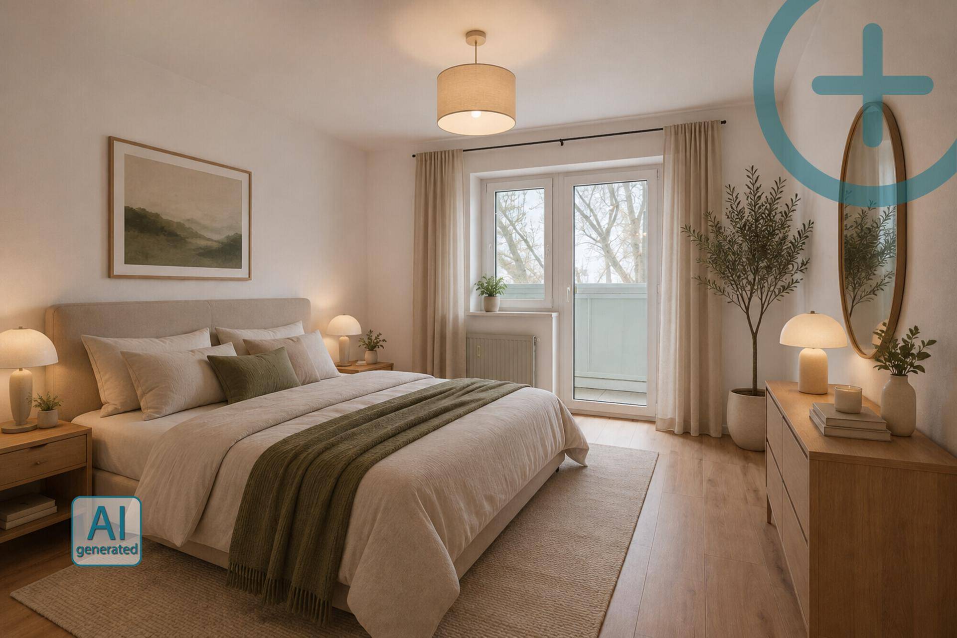Modernes Schlafzimmer mit Doppelbett, Holzboden und direktem Zugang zum Balkon.