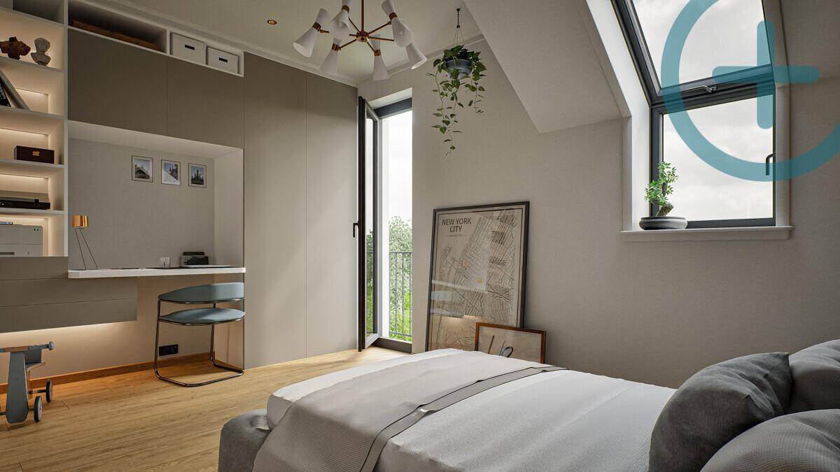 Helles Schlafzimmer mit Arbeitsbereich, Dachschräge und Zugang zu einem kleinen Balkon.