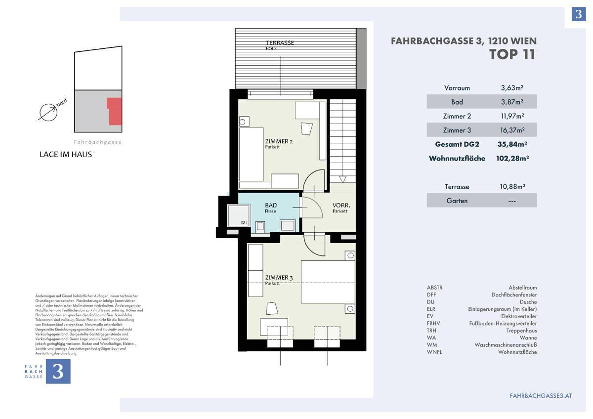 Grundriss des zweiten Geschosses mit zwei Schlafzimmern, Bad und einer großen Terrasse.