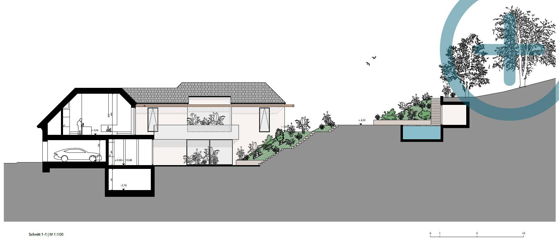 Schnittzeichnung des Hauses mit Garage, mehreren Ebenen und Außenpoolbereich.