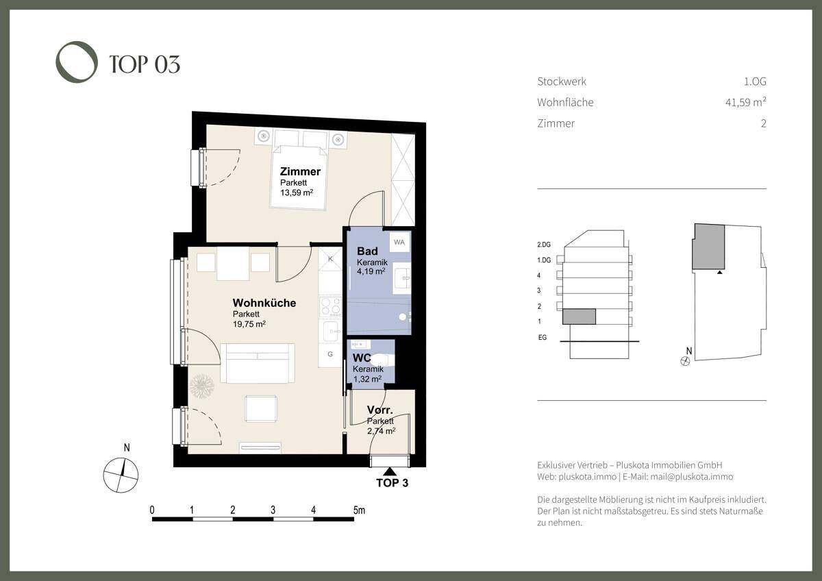 Grundriss der Wohnung TOP 03 mit Wohnküche, Schlafzimmer und separatem WC.