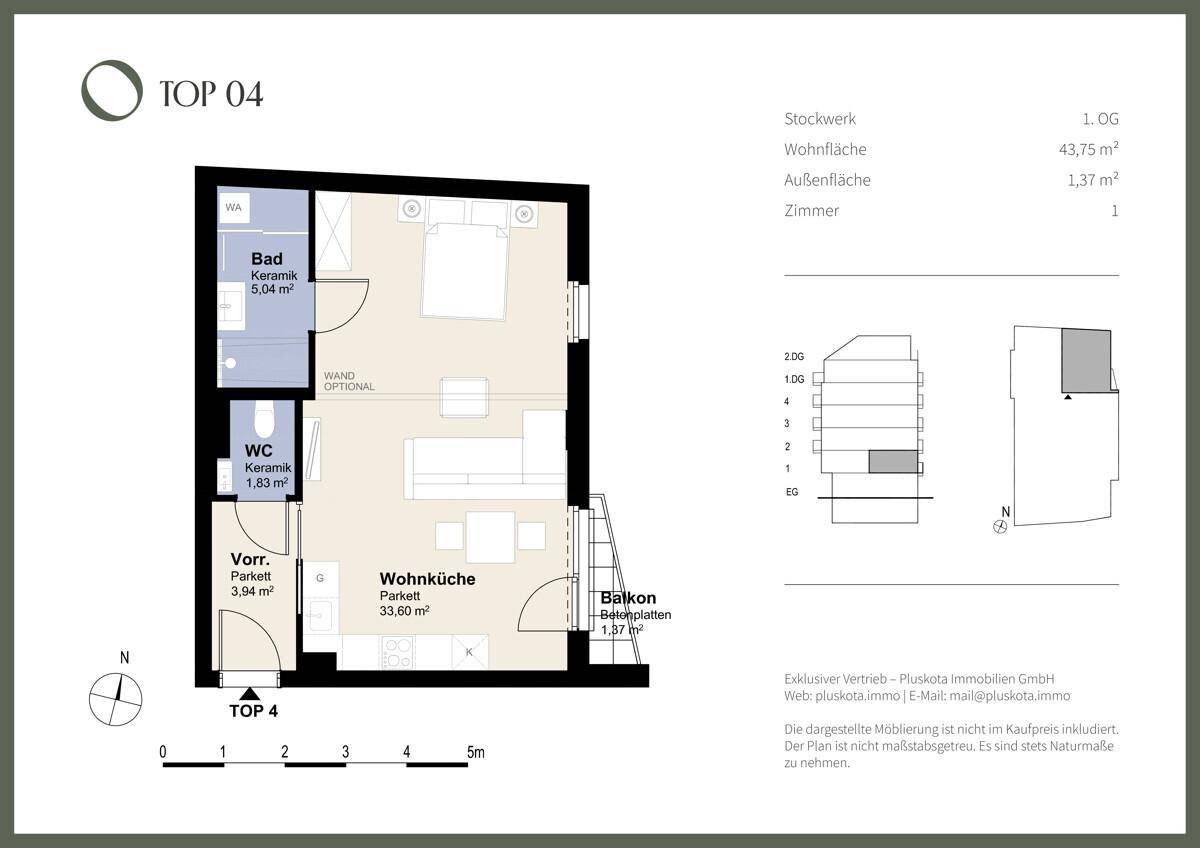 Grundriss der Wohnung TOP 04 mit Wohnküche, Bad, WC und Balkon auf 43,75 m².