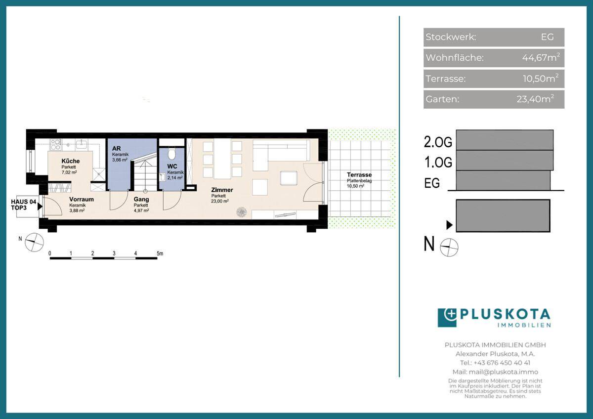 Grundriss des Erdgeschosses mit Küche, Wohnzimmer, WC, Terrasse und Garten.