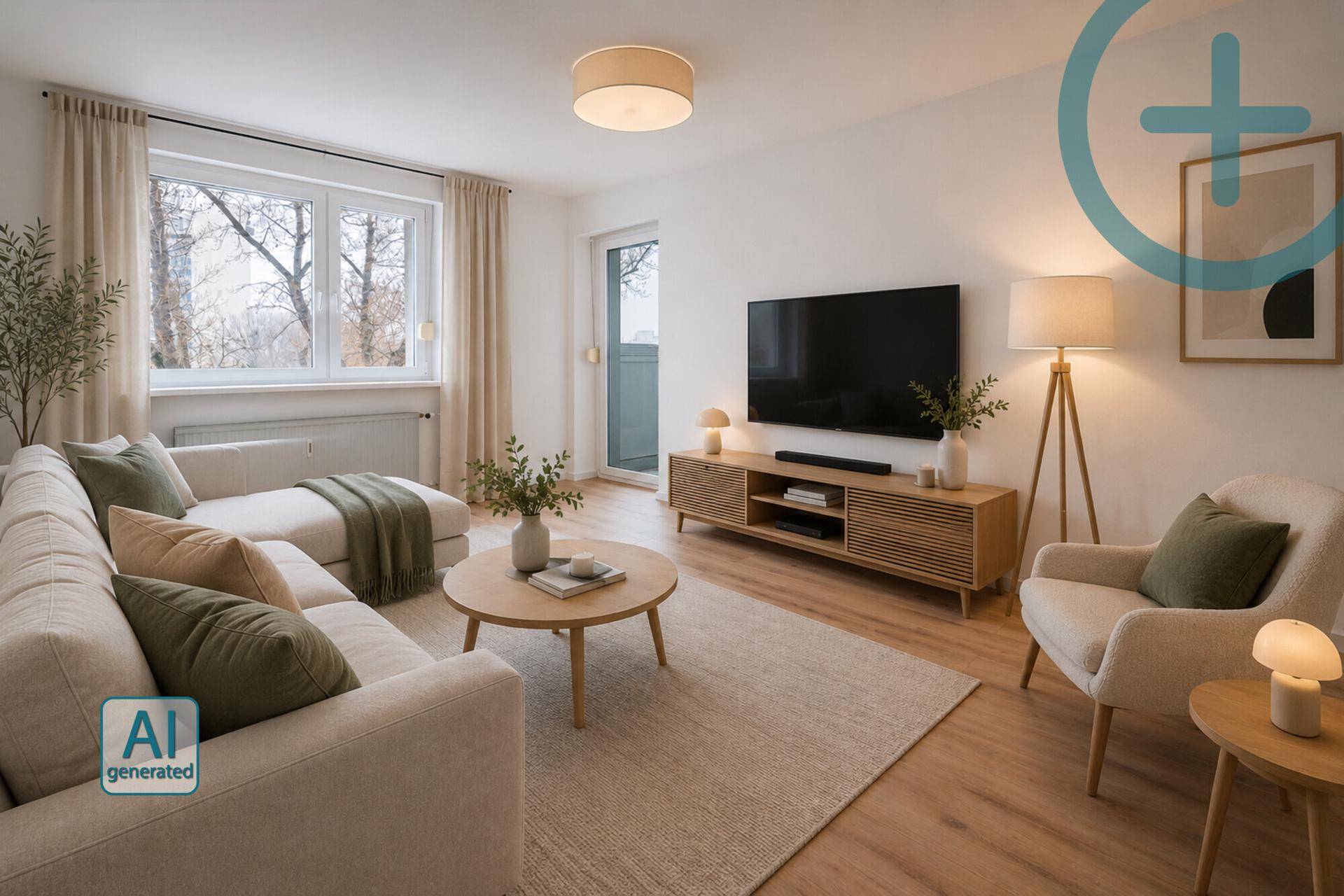 Gemütliches Wohnzimmer mit beigem Sofa, Holzboden und Blick ins Grüne.