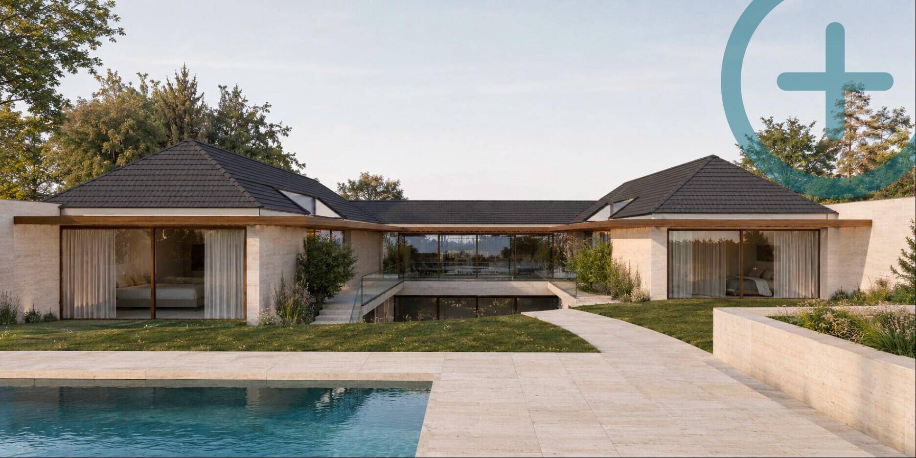 Moderne Villa mit großem Außenpool, weitläufiger Terrasse und gepflegtem Gartenbereich.