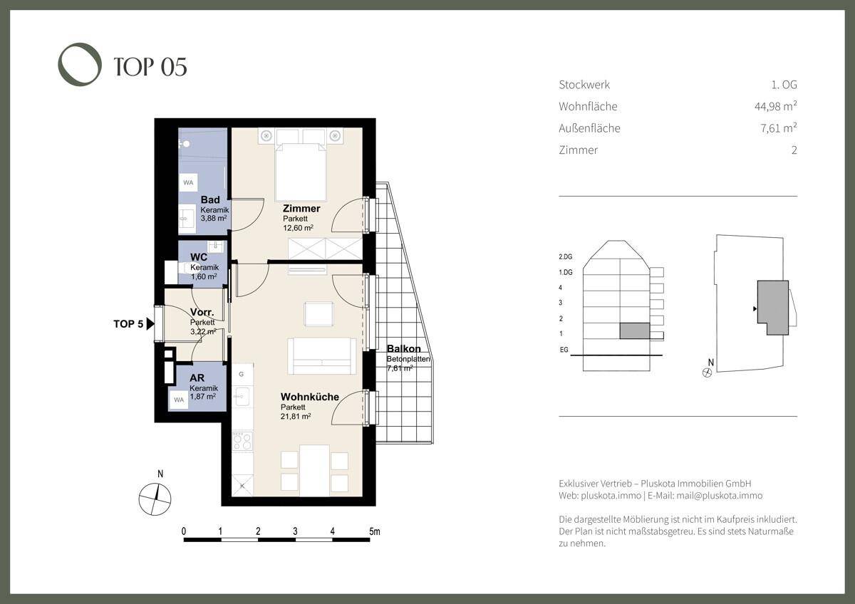 Grundriss der Wohnung TOP 05 mit Wohnküche, Schlafzimmer, Bad und Balkon.