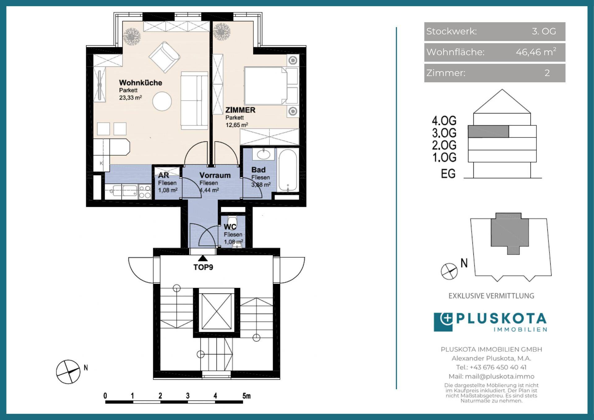 Detaillierter Grundriss der Wohnung mit Wohnküche, Schlafzimmer und Bad.