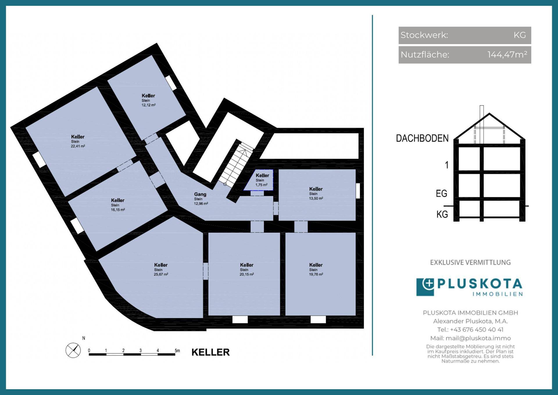 Grundriss des Kellergeschosses mit mehreren Kellerräumen und einer Nutzfläche von 144,47m².