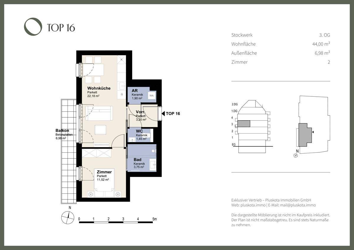 Grundriss der Wohnung TOP 16 mit Wohnküche, Zimmer, Bad und Balkon.