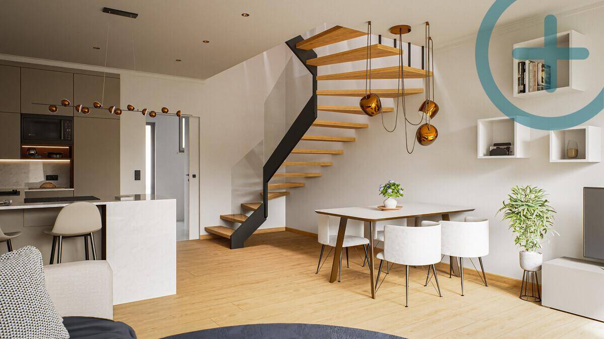 Heller Wohn- und Essbereich mit moderner Holztreppe und offener Küche, ideal für geselliges Beisammensein.