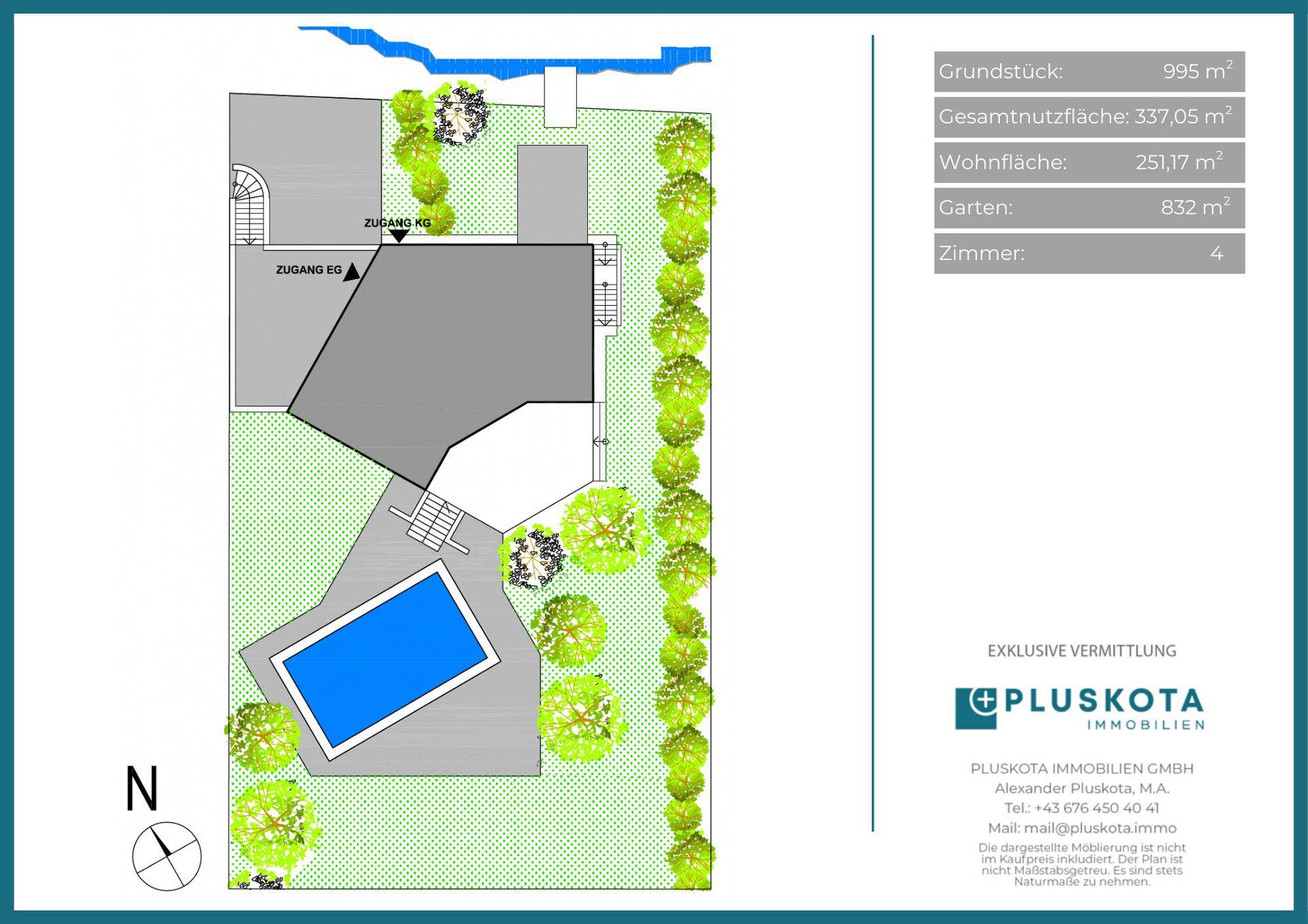 Übersichtlicher Lageplan des Grundstücks mit Haus, Pool und Gartenbereich.