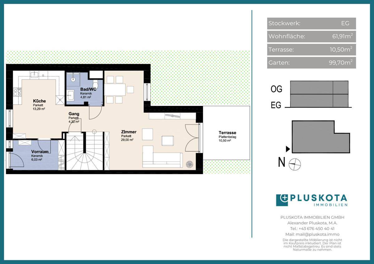 Grundriss des Erdgeschosses mit Küche, Wohnzimmer, Terrasse und Gartenbereich.