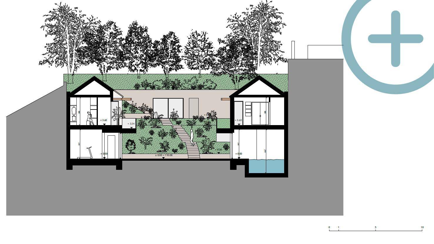 Schnittzeichnung des Hauses mit Innenräumen, Gartenanlage und Poolbereich.