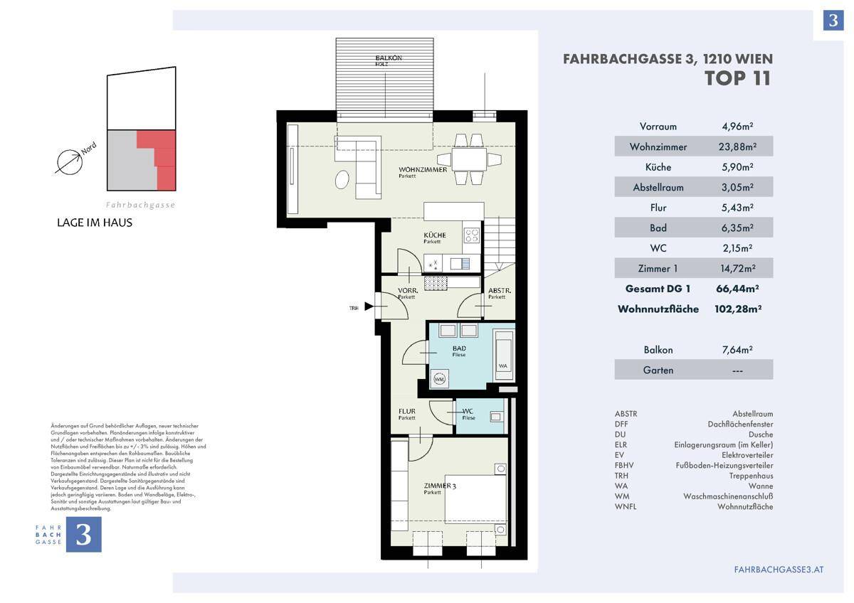 Grundriss des ersten Geschosses mit Wohnzimmer, Küche, Bad, WC und Balkon.