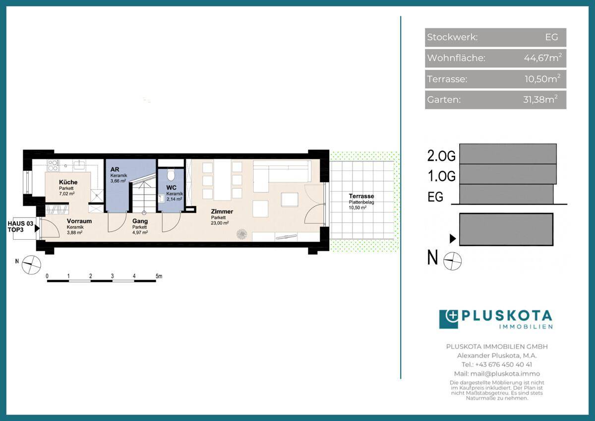 Grundriss des Erdgeschosses mit Küche, Zimmer, WC und Zugang zur Terrasse und Garten.