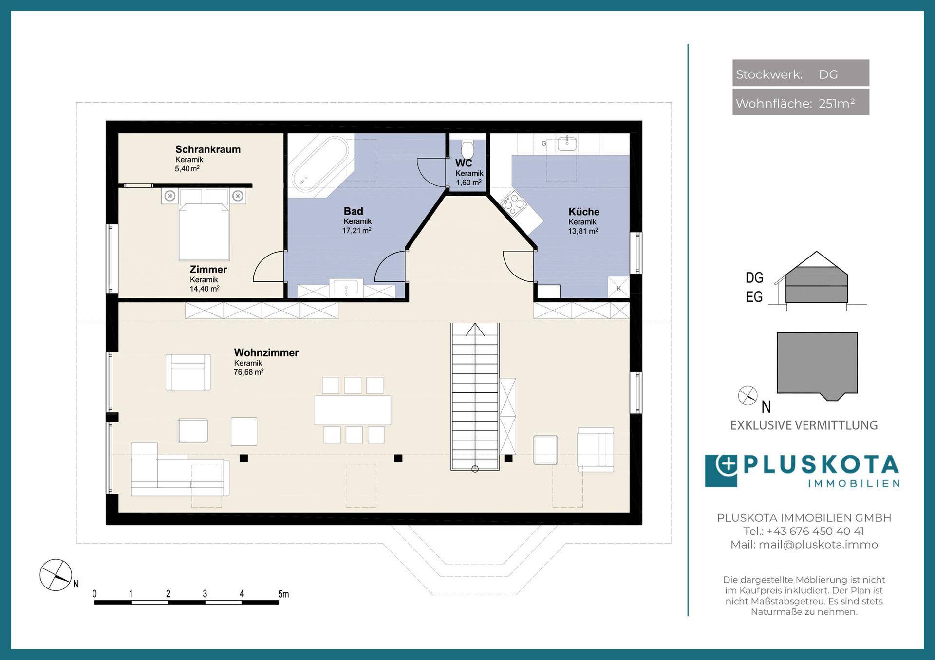 Grundriss des Dachgeschosses mit Wohnzimmer, Küche, Bad und begehbarem Kleiderschrank.