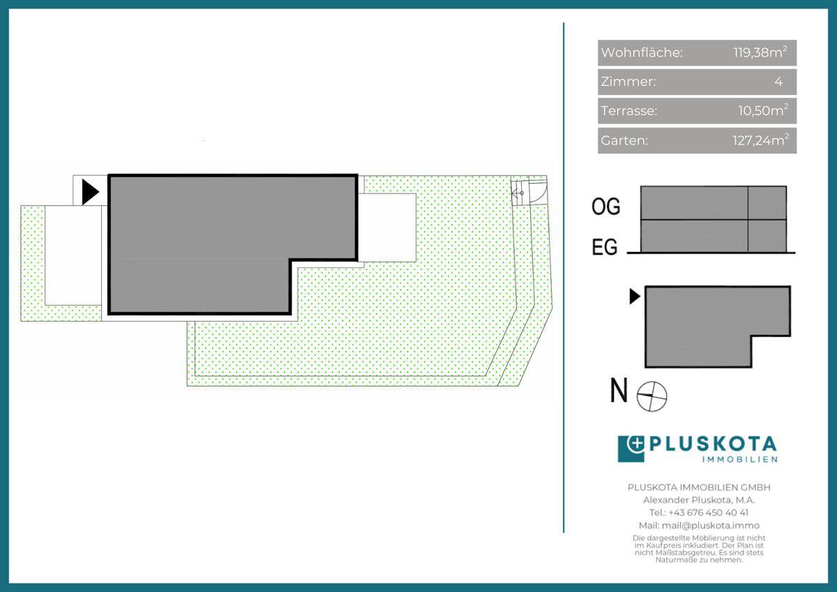 Übersichtlicher Grundriss des Hauses mit Garten und Terrasse, ideal für Familien.
