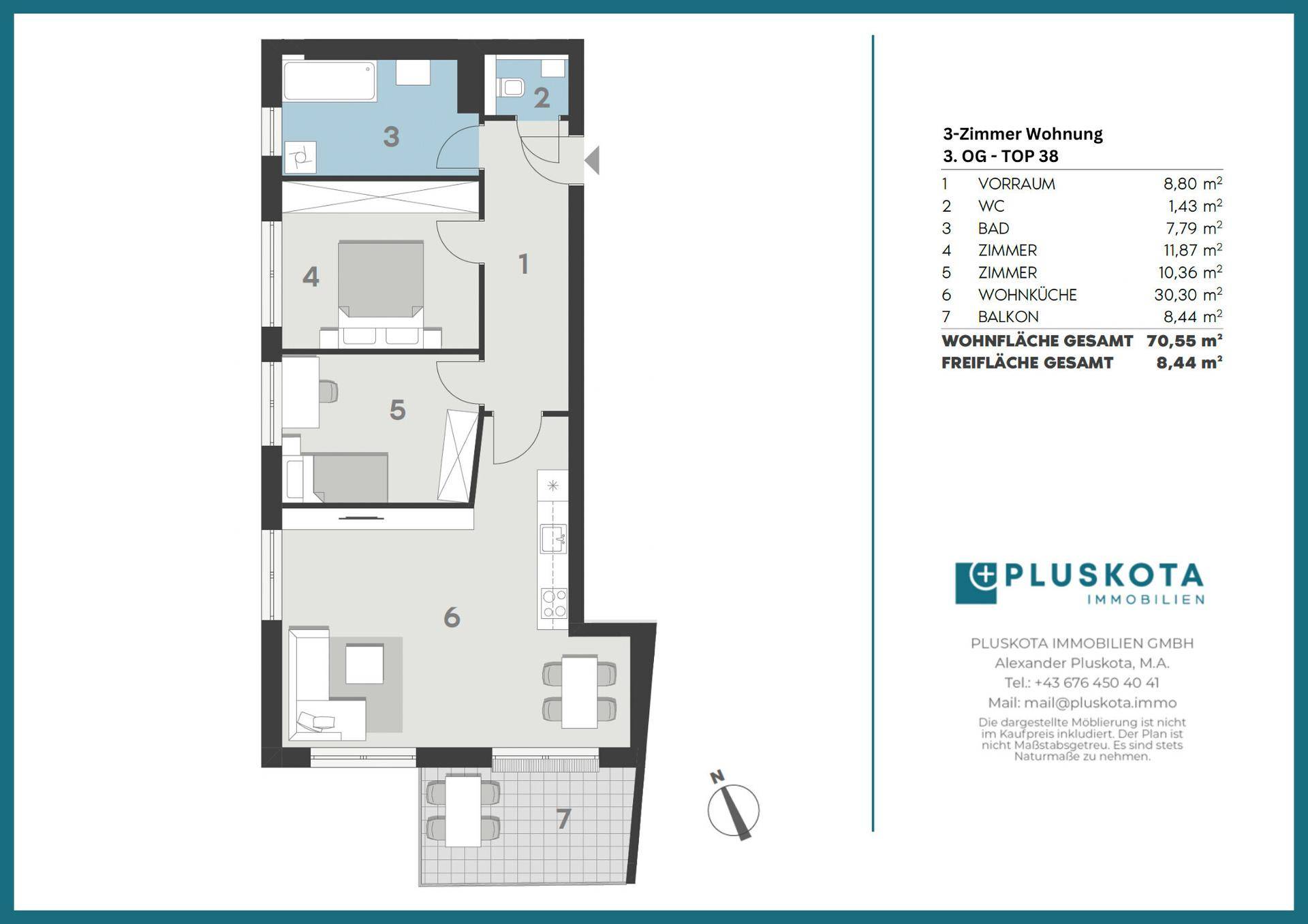 Grundriss einer 3-Zimmer-Wohnung mit Balkon und offener Wohnküche.
