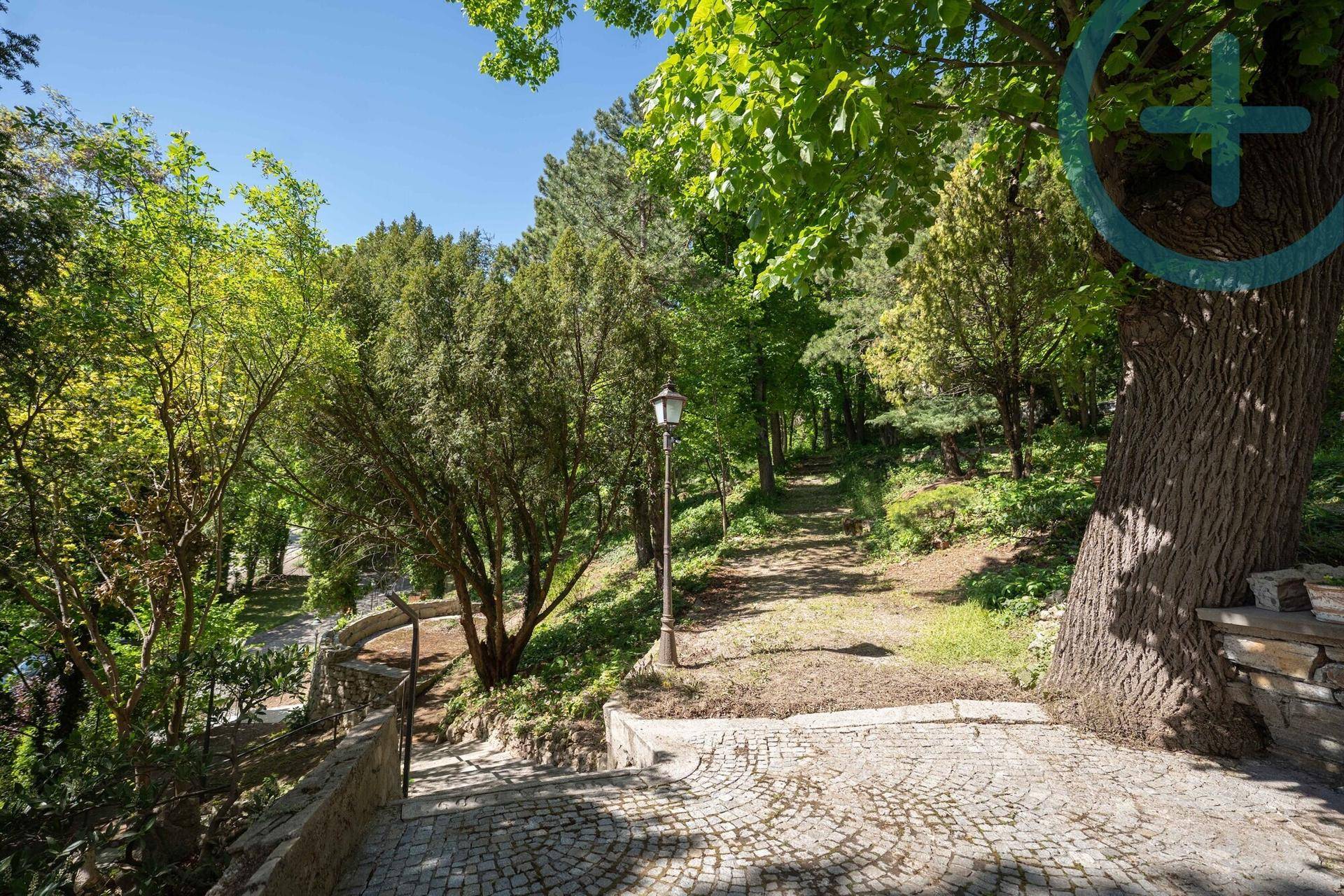 Malerischer Kopfsteinpflasterweg schlängelt sich durch den grünen Garten mit alten Bäumen.