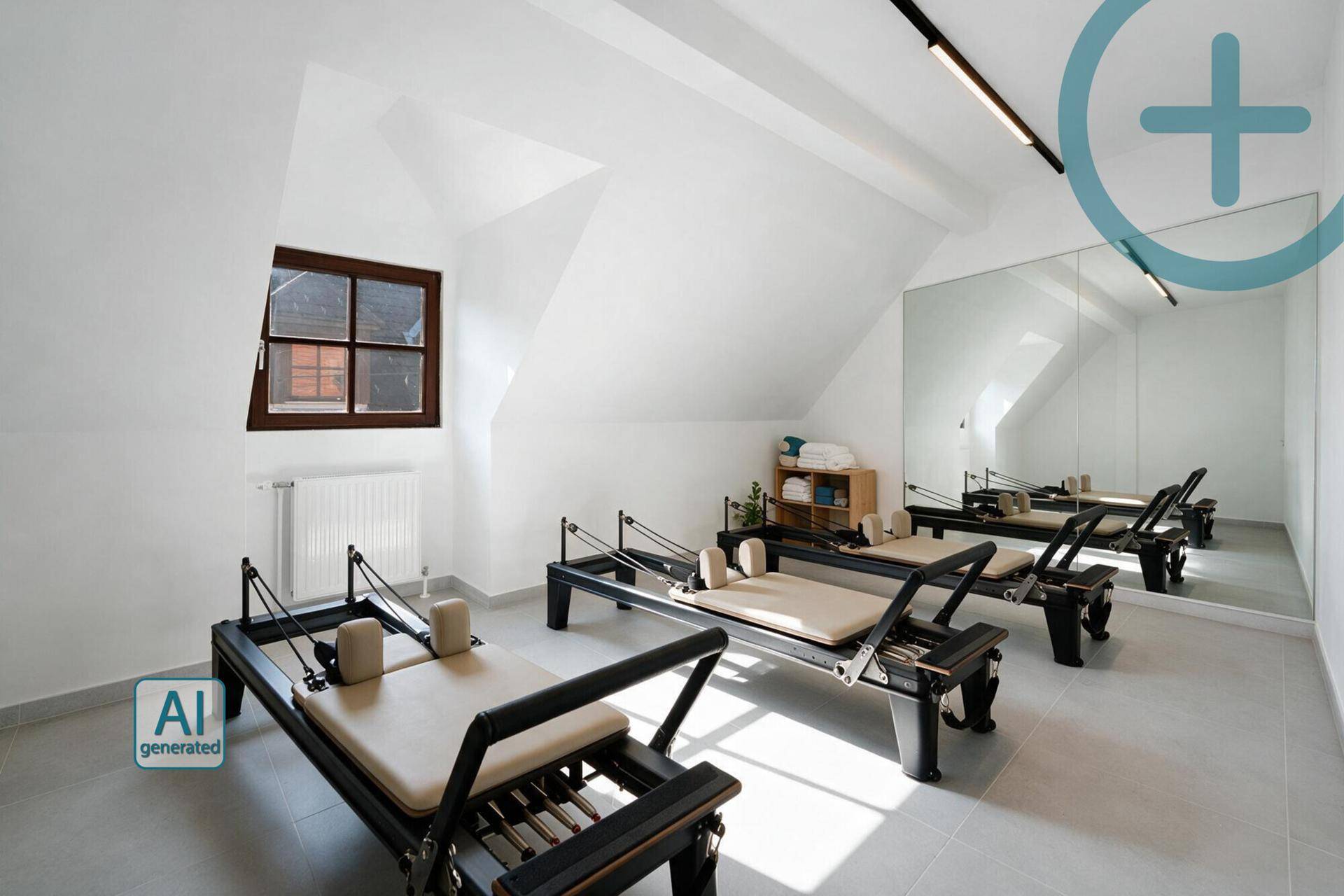 Pilates-Trainingsraum mit Reformern, großer Spiegelwand und einem Fenster mit Blick nach draußen.