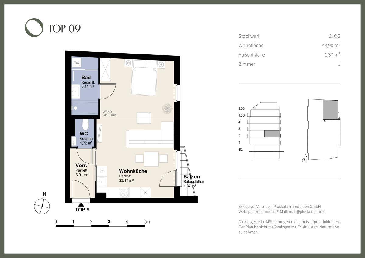 Grundriss der Wohnung TOP 09 mit Wohnküche, Bad, WC und Balkon.