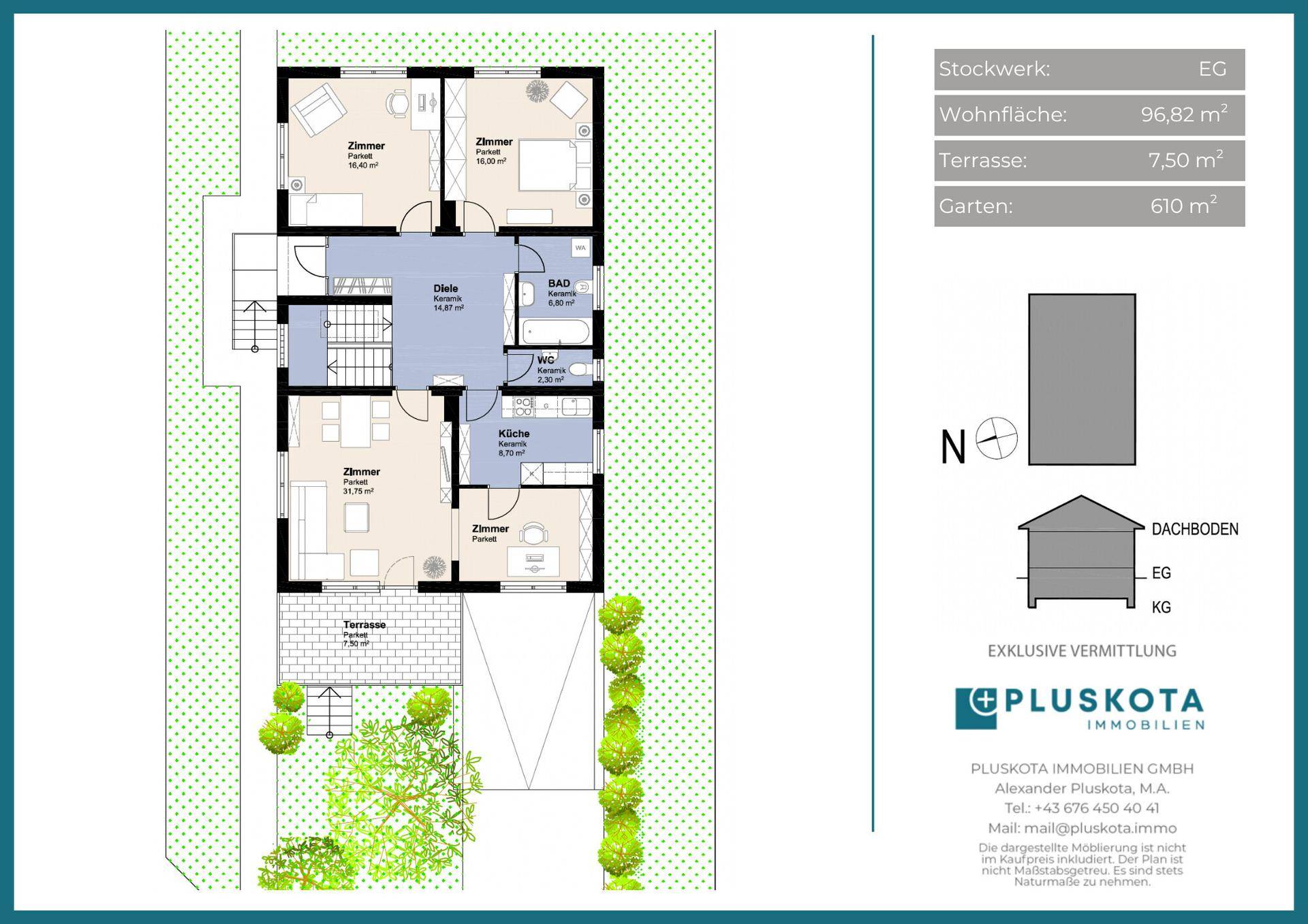 Grundriss des Erdgeschosses mit Wohnzimmer, Küche, Schlafzimmern, Bad, Terrasse und Garten.