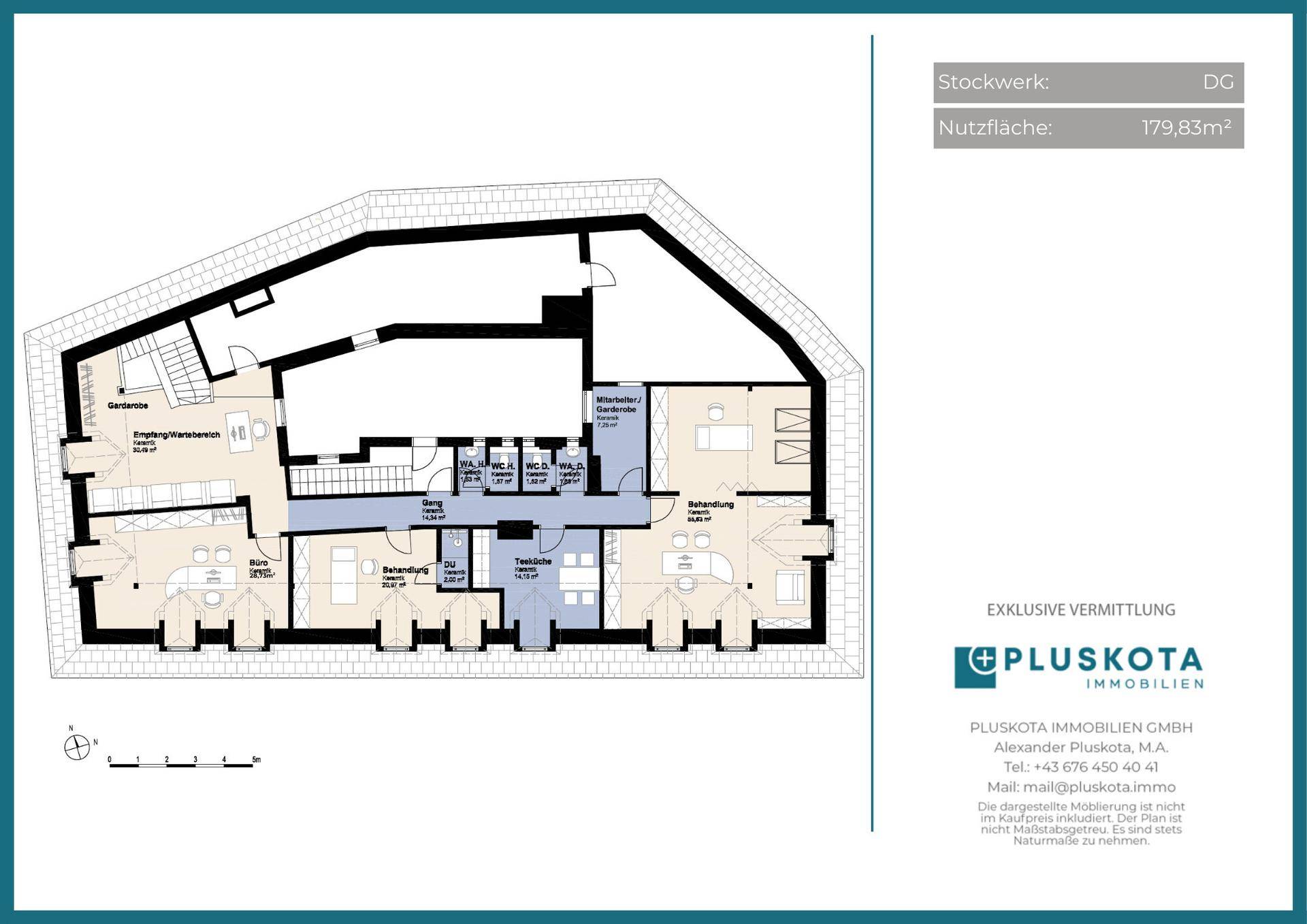 Grundriss des Dachgeschosses mit einer Nutzfläche von 179,83m² und komplexer Raumaufteilung.